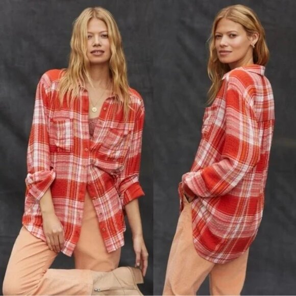 Pilcro Tops - Anthropologie Pilcro Relaxed Plaid Buttondown Shirt Size M Orange